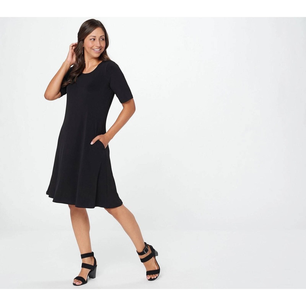 Susan Graver Liquid Knit Dress Womens 1X Black Short Sleeve Scoop Neck Stretch
